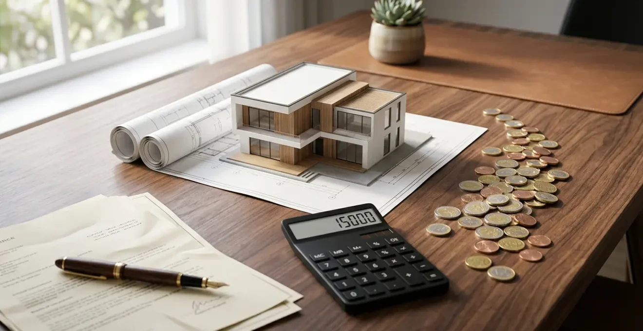 Vue aérienne d'une maison moderne avec calculatrice et documents financiers sur une table en bois