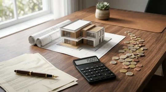 Vue aérienne d'une maison moderne avec calculatrice et documents financiers sur une table en bois