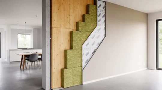 Vue intérieure d'une maison montrant l'enveloppe thermique continue avec isolation visible et détails de construction