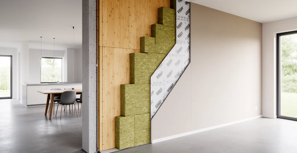 Vue intérieure d'une maison montrant l'enveloppe thermique continue avec isolation visible et détails de construction