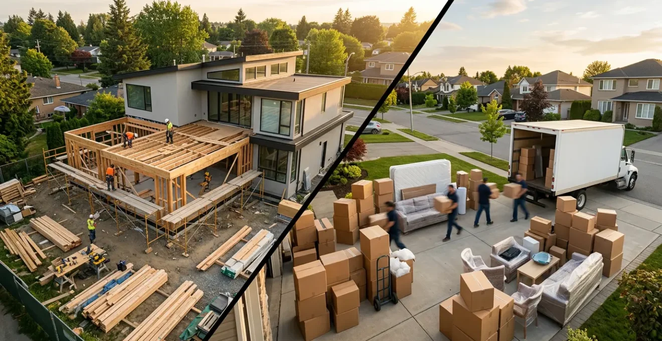 Vue comparative d'une maison avec extension moderne en construction et des cartons de déménagement