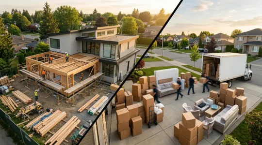 Vue comparative d'une maison avec extension moderne en construction et des cartons de déménagement
