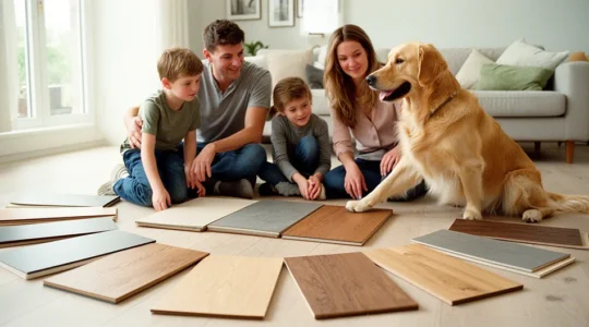 Famille avec chien et enfants comparant des échantillons de parquet et carrelage dans leur salon lumineux