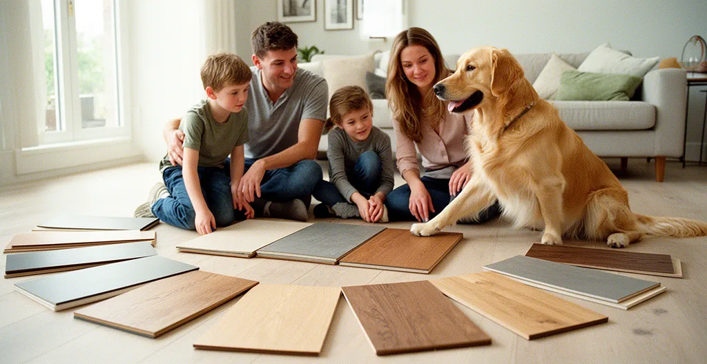 Famille avec chien et enfants comparant des échantillons de parquet et carrelage dans leur salon lumineux