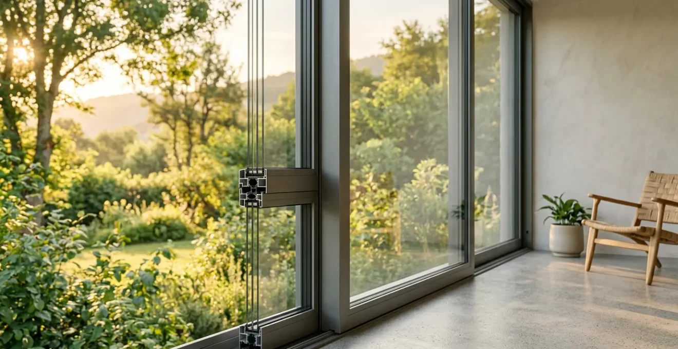 Fenêtres modernes en aluminium recyclé dans un intérieur lumineux avec vue sur nature