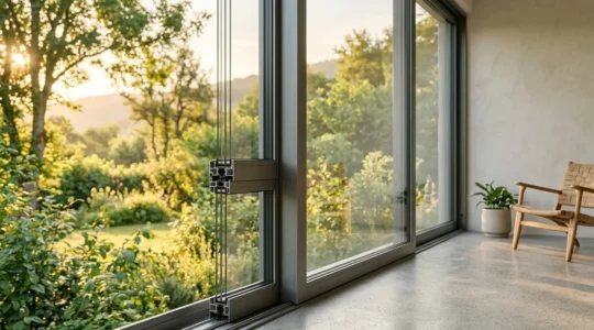 Fenêtres modernes en aluminium recyclé dans un intérieur lumineux avec vue sur nature