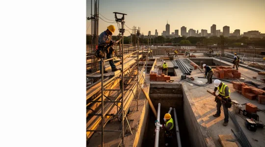 Vue d'ensemble d'un chantier de construction avec plusieurs corps de métier travaillant en coordination