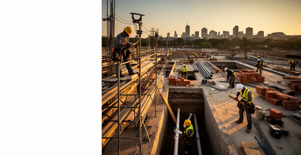 Vue d'ensemble d'un chantier de construction avec plusieurs corps de métier travaillant en coordination