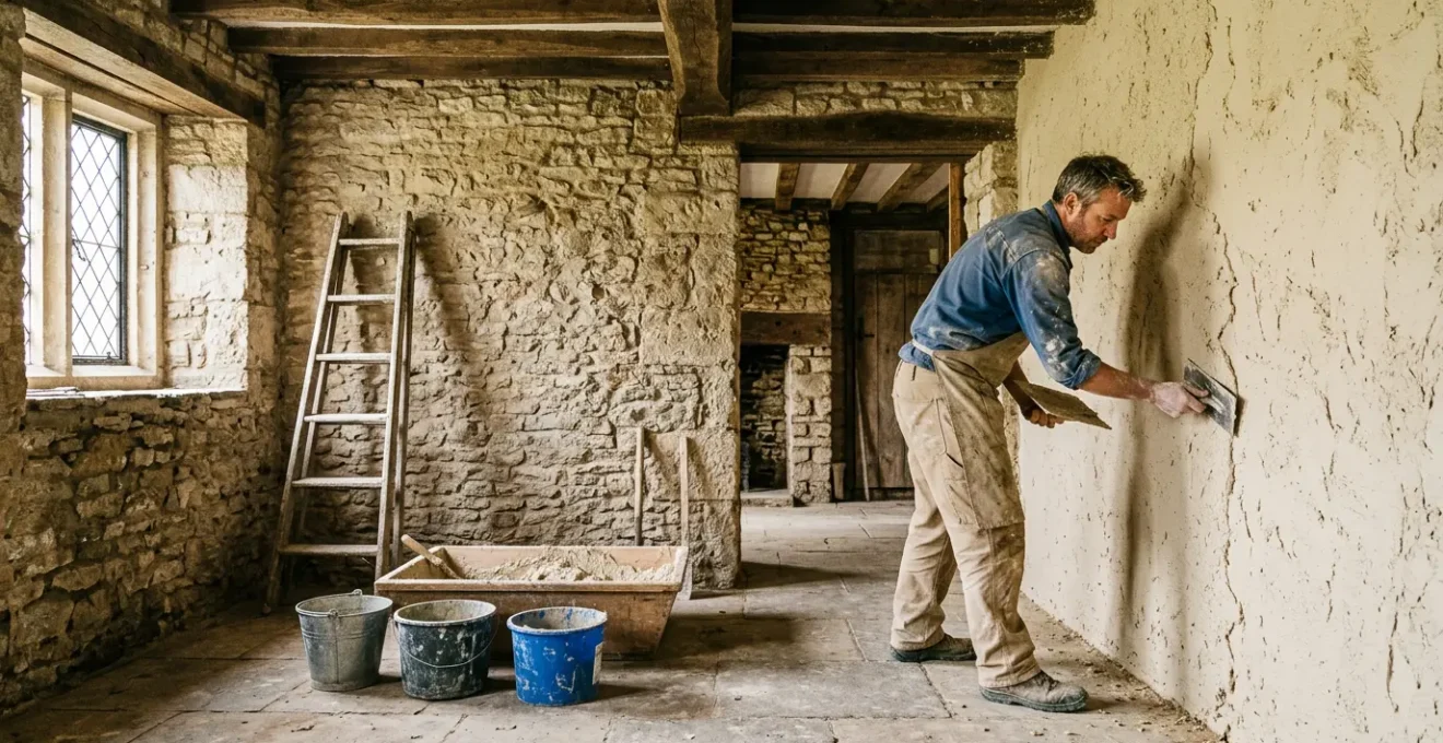 Rénovation d'un mur intérieur en pierre avec application d'enduit isolant chaux-chanvre