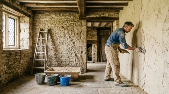 Rénovation d'un mur intérieur en pierre avec application d'enduit isolant chaux-chanvre