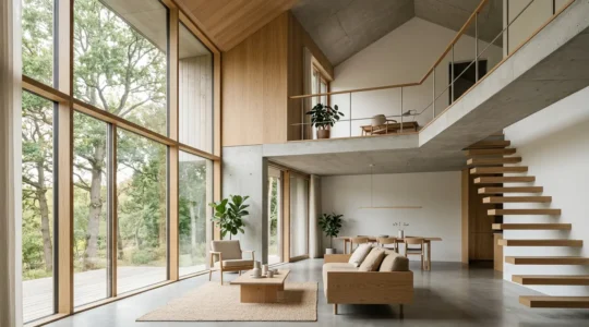 Intérieur moderne avec différentes hauteurs de plafond créant des zones distinctes dans une pièce lumineuse