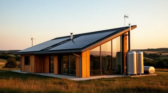 Vue panoramique d'une maison moderne autonome avec panneaux solaires et système de récupération d'eau de pluie dans la campagne française