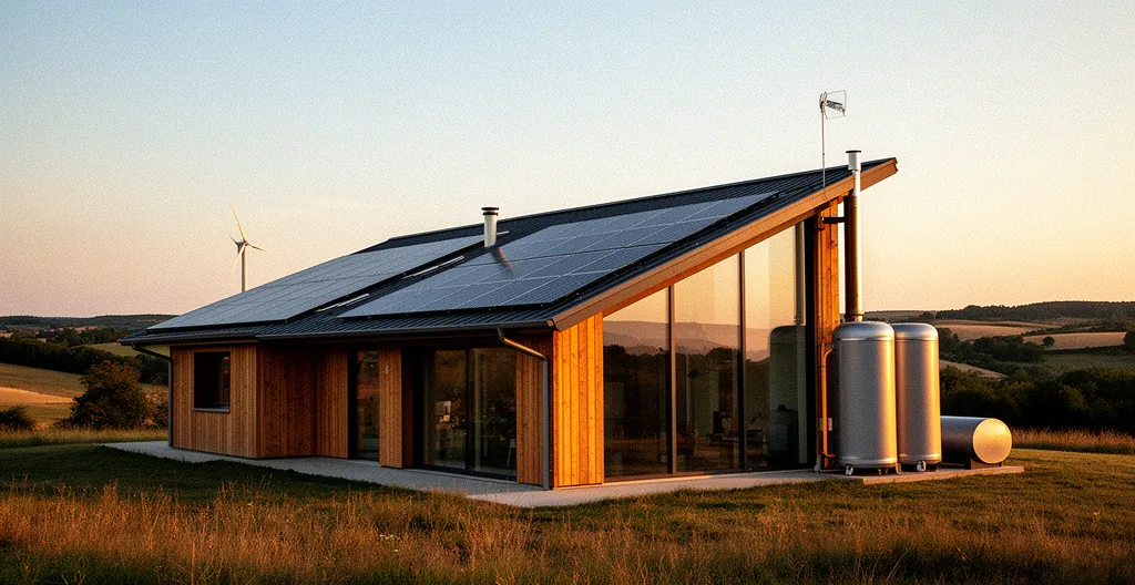 Vue panoramique d'une maison moderne autonome avec panneaux solaires et système de récupération d'eau de pluie dans la campagne française