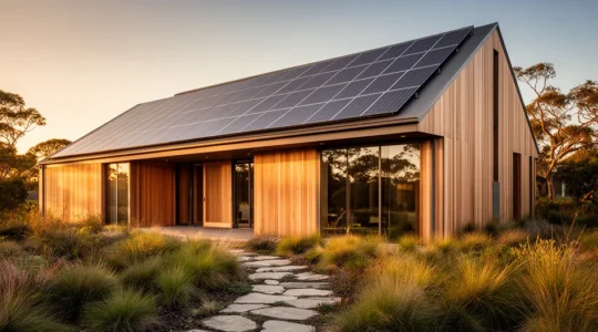 Maison moderne avec panneaux solaires et jardin verdoyant