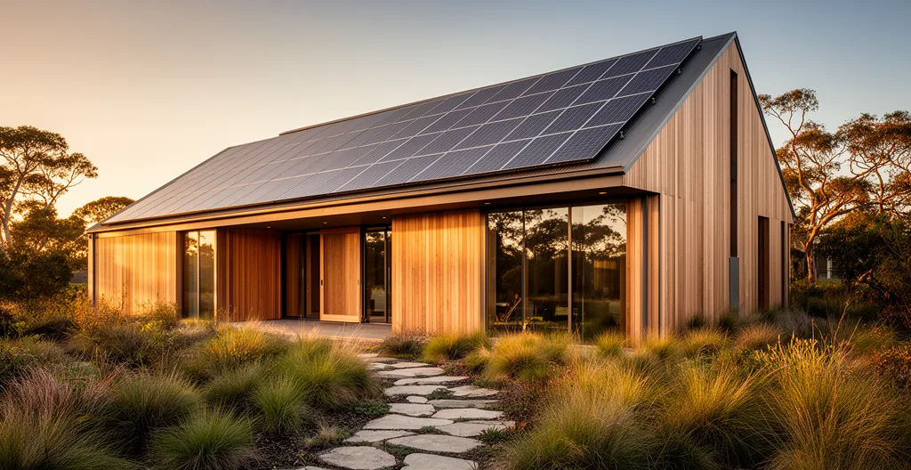 Maison moderne avec panneaux solaires et jardin verdoyant