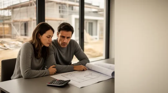 Couple examinant des documents de construction avec une calculatrice et une maison en arrière-plan