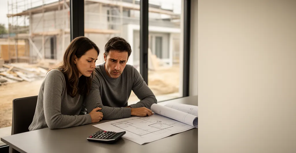Couple examinant des documents de construction avec une calculatrice et une maison en arrière-plan