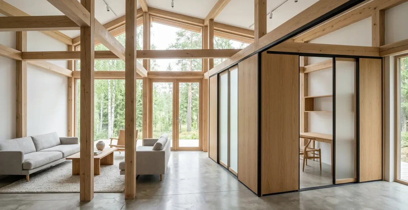 Maison moderne en ossature bois avec murs intérieurs modulables et espaces ouverts lumineux