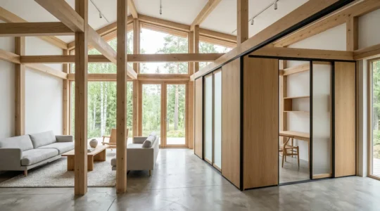 Maison moderne en ossature bois avec murs intérieurs modulables et espaces ouverts lumineux