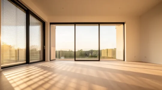 Intérieur d'une maison moderne avec baies vitrées orientées sud et protections solaires