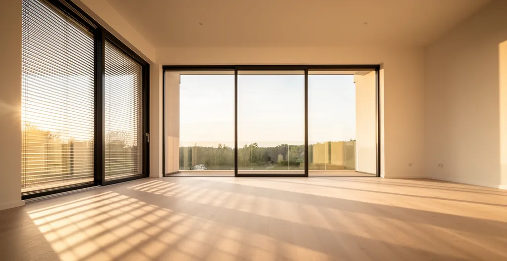 Intérieur d'une maison moderne avec baies vitrées orientées sud et protections solaires