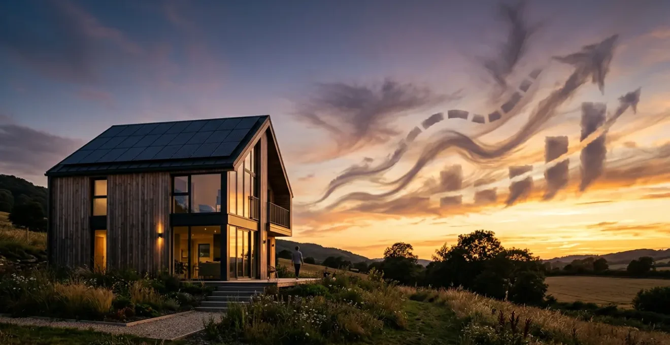 Vue architecturale d'une maison passive moderne avec panneaux solaires et graphique de croissance financière en arrière-plan