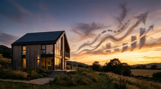 Vue architecturale d'une maison passive moderne avec panneaux solaires et graphique de croissance financière en arrière-plan