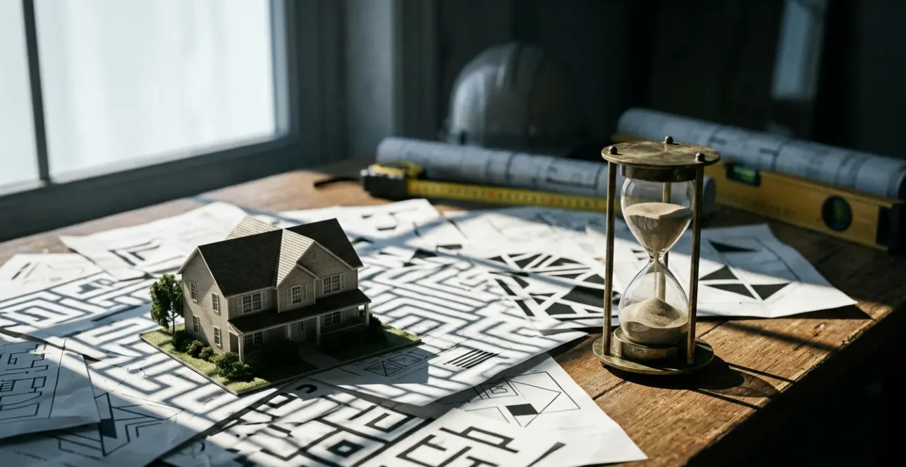 Maison entourée de documents administratifs et d'un panneau de travaux avec un chronomètre symbolisant les délais administratifs