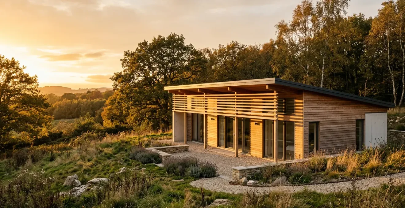 Vue architecturale d'une maison bioclimatique moderne avec grandes baies vitrées orientées sud et casquettes solaires