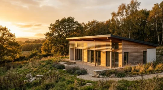 Vue architecturale d'une maison bioclimatique moderne avec grandes baies vitrées orientées sud et casquettes solaires