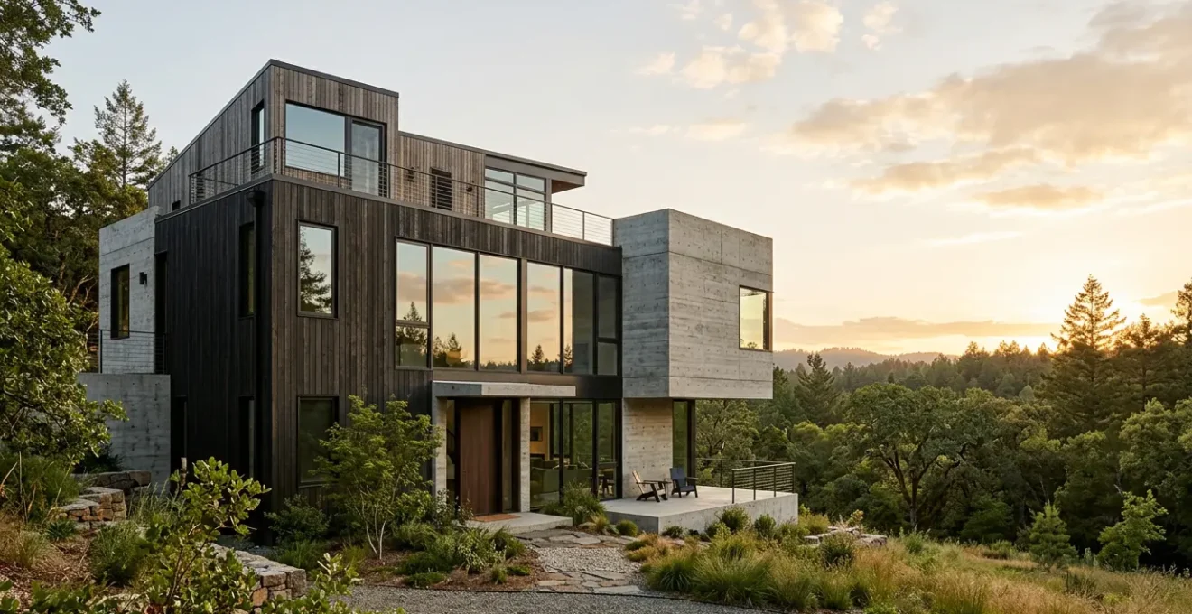 Vue architecturale d'une maison contemporaine avec des volumes dynamiques et des matériaux mixtes