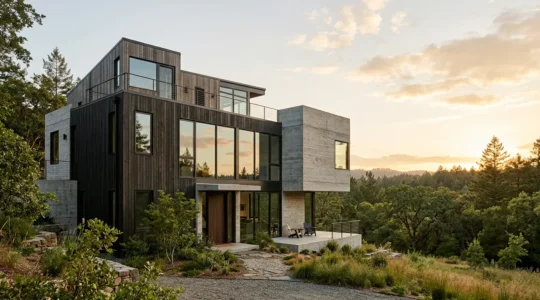 Vue architecturale d'une maison contemporaine avec des volumes dynamiques et des matériaux mixtes