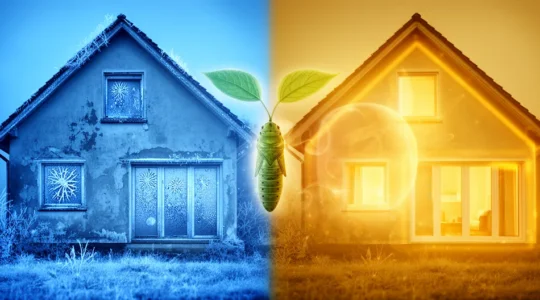 Transformation énergétique d'une maison passant de la classe F à la classe D, avec des éléments visuels suggérant l'amélioration thermique