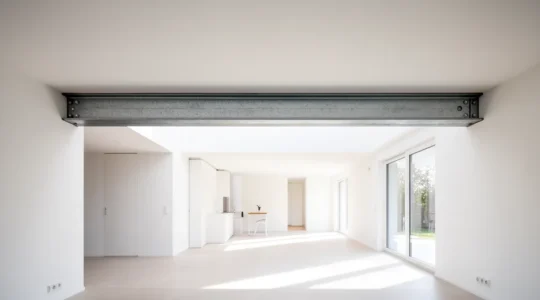 Vue d'une ouverture moderne dans un mur porteur avec poutre IPN métallique apparente soutenant la structure