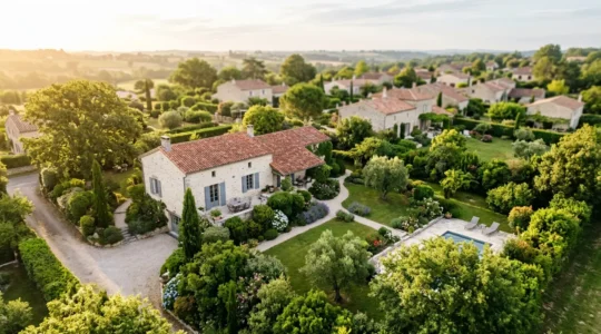 Vue aérienne d'une maison française typique avec jardin verdoyant sous un ciel ensoleillé
