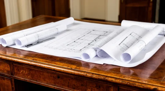 Dossier de permis de construire avec plans architecturaux et tampons officiels dans un cadre patrimonial