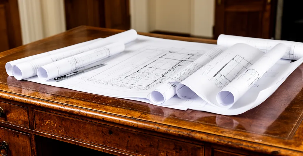 Dossier de permis de construire avec plans architecturaux et tampons officiels dans un cadre patrimonial