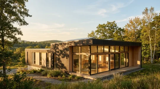 Vue architecturale d'une maison moderne avec orientation optimisée et zones thermiques visibles