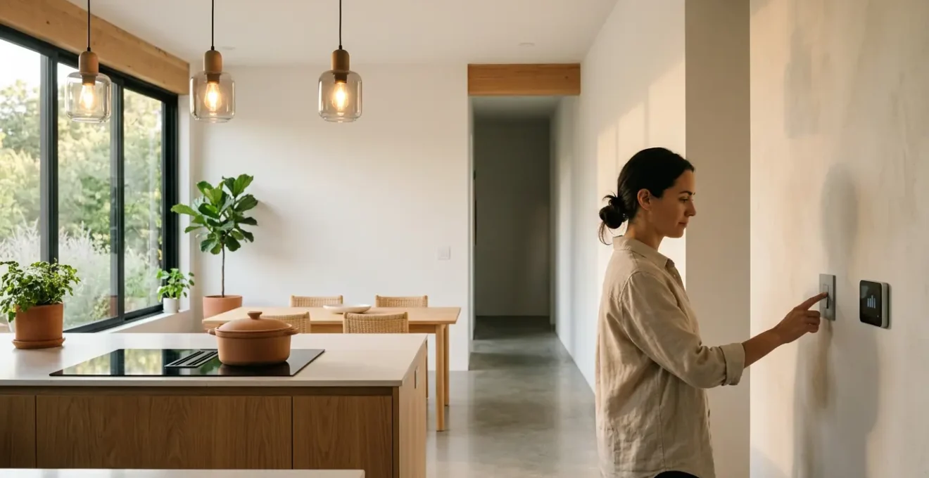 Intérieur moderne avec lumière naturelle montrant des gestes économes en énergie dans une maison française
