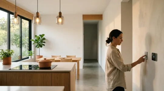Intérieur moderne avec lumière naturelle montrant des gestes économes en énergie dans une maison française