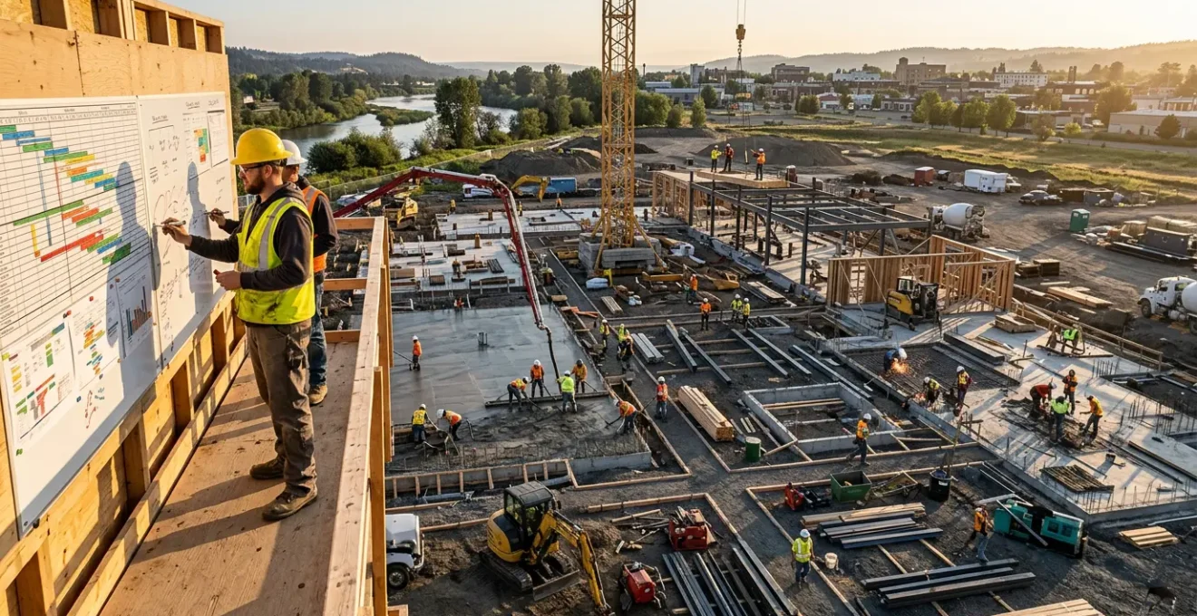 Vue d'ensemble d'un chantier de construction avec planning affiché et coordination des corps de métier