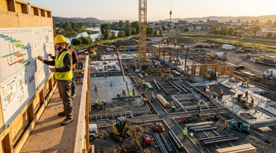Vue d'ensemble d'un chantier de construction avec planning affiché et coordination des corps de métier