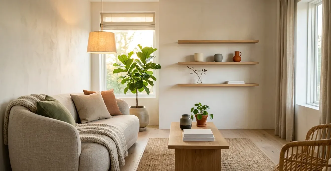 Salon apaisant avec éclairage doux et décoration équilibrée favorisant la détente