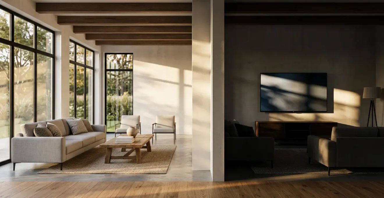 Vue 3D photoréaliste d'un salon moderne avec simulation d'ensoleillement montrant l'impact de la lumière naturelle sur l'agencement