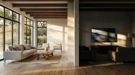 Vue 3D photoréaliste d'un salon moderne avec simulation d'ensoleillement montrant l'impact de la lumière naturelle sur l'agencement