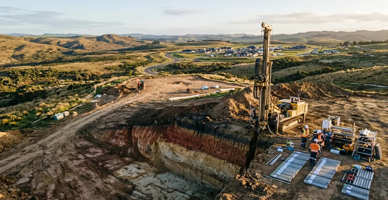 Expert géotechnicien analysant un échantillon de sol argileux sur un terrain constructible avec équipement de forage en arrière-plan