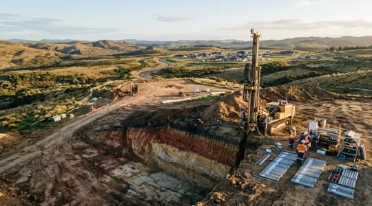 Expert géotechnicien analysant un échantillon de sol argileux sur un terrain constructible avec équipement de forage en arrière-plan