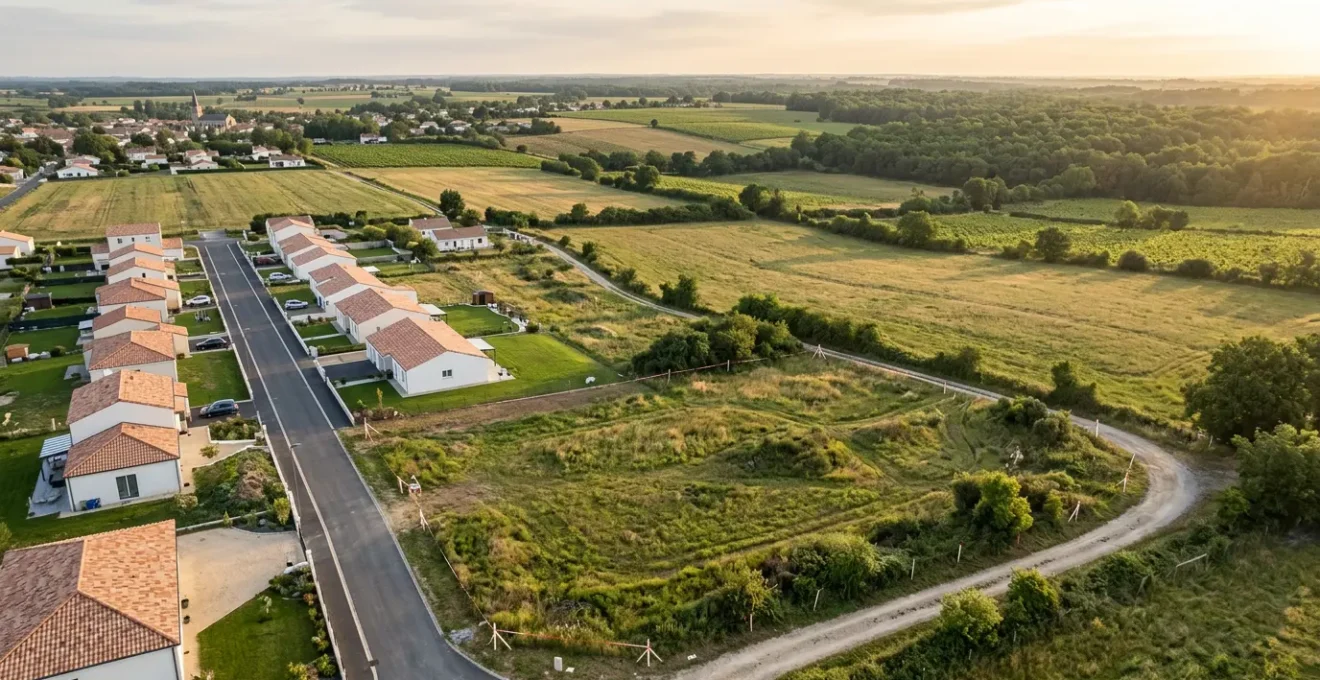 Vue aérienne d'une parcelle de terrain en zone périurbaine avec des marquages au sol indiquant les limites cadastrales et potentiel de construction