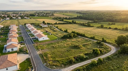Vue aérienne d'une parcelle de terrain en zone périurbaine avec des marquages au sol indiquant les limites cadastrales et potentiel de construction