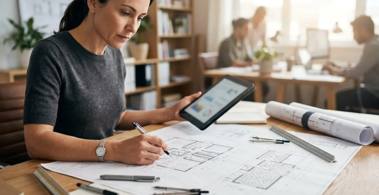 Architecte examinant des plans avec calculatrice sur bureau lumineux